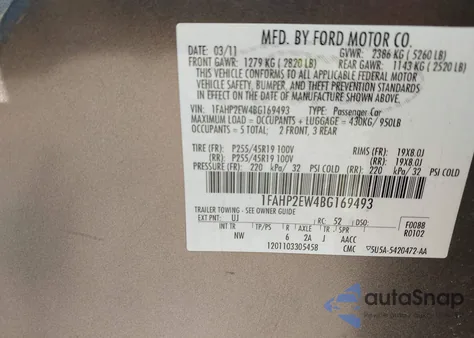 2011 Ford Taurus Sel из США, поврежденный, VIN 1FAHP2EW4BG169493